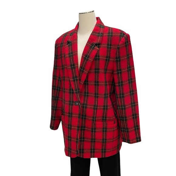 Red Plaid Wool Blend Blazer 16 Oversize Holiday Tartan Retro Preppy Taylor Swift - Picture 4 of 9